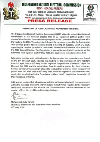 2027 22 political parties submit membership registers to inec