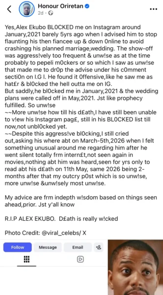 i sensed death man who was blocked by alex ekubo for advising him in 2021 speaks after actors death