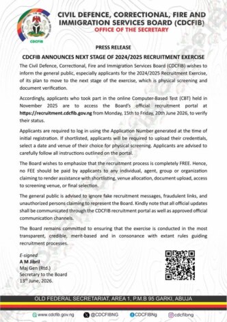 cdcfib announces physical screening document verification for recruitment applicants