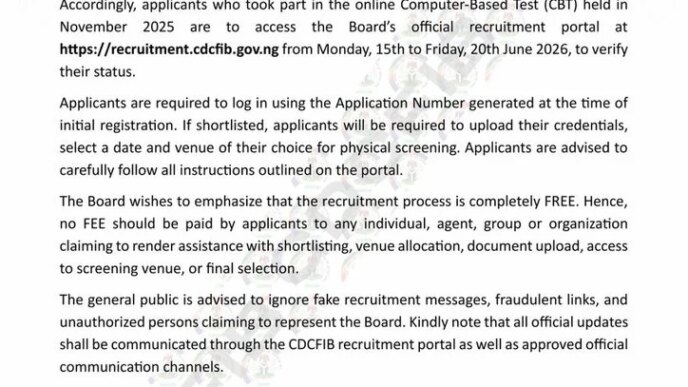 cdcfib announces physical screening document verification for recruitment applicants
