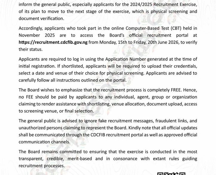 cdcfib announces physical screening document verification for recruitment applicants
