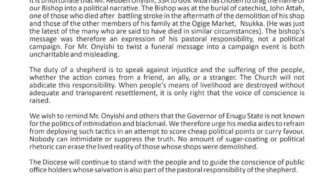 nsukka diocese dismisses comments by gov mbahs aide over ogige market demolition