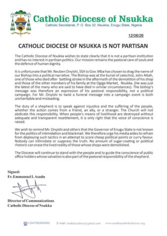 nsukka diocese dismisses comments by gov mbahs aide over ogige market demolition