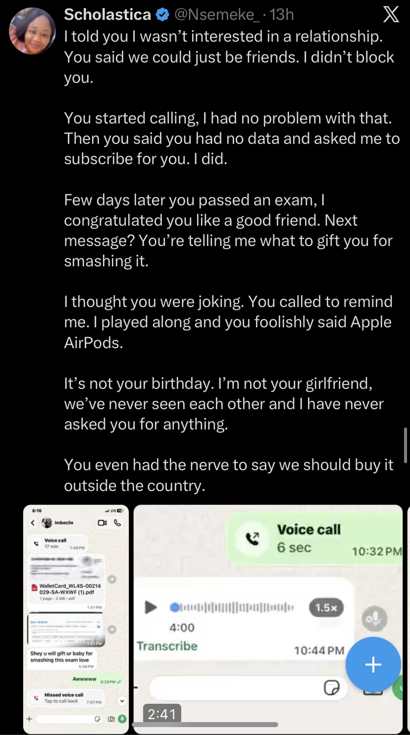 “We’ve never even met” - Lady cries out after man she rejected asks her for gift for passing exam