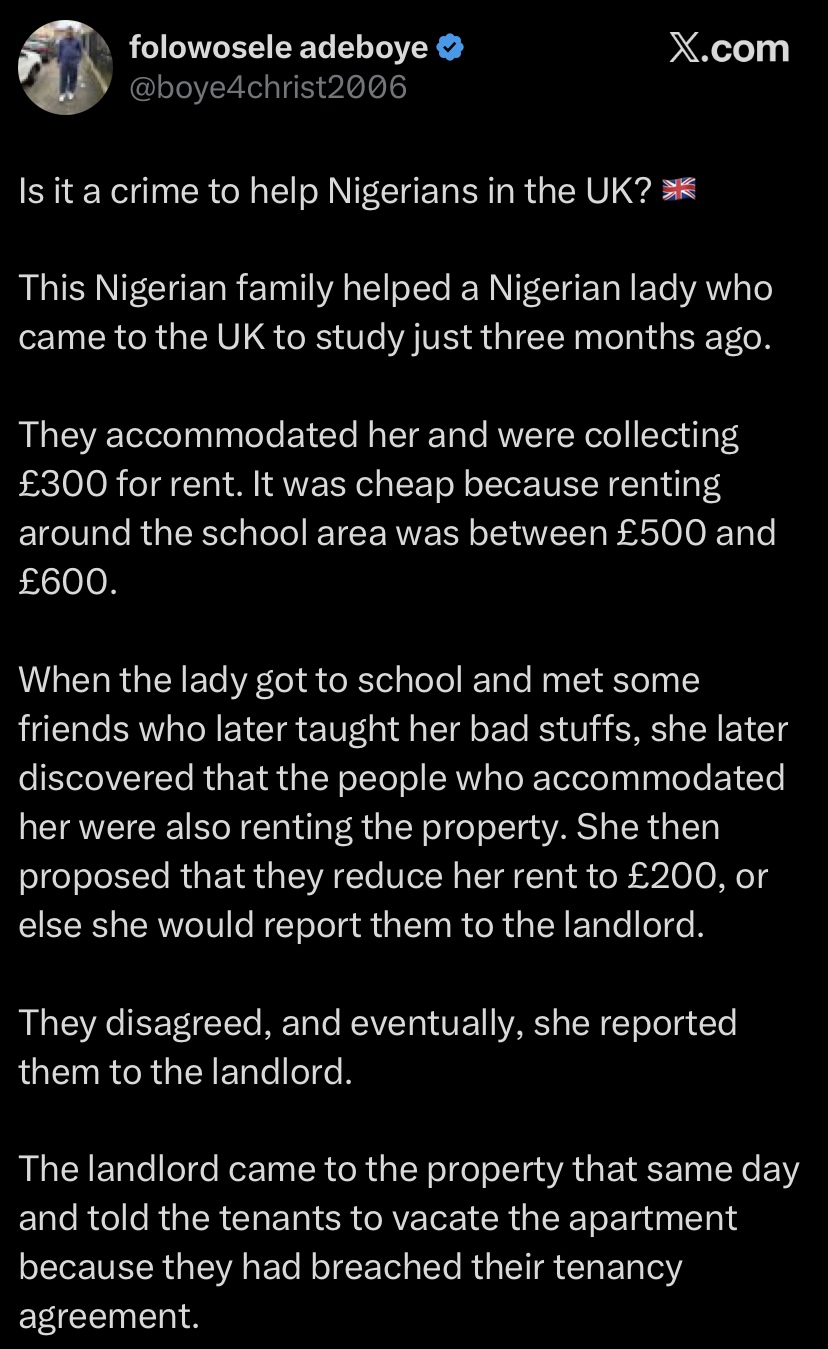 “She reported them to the landlord” - Nigerian family reportedly loses UK home after helping homeless student