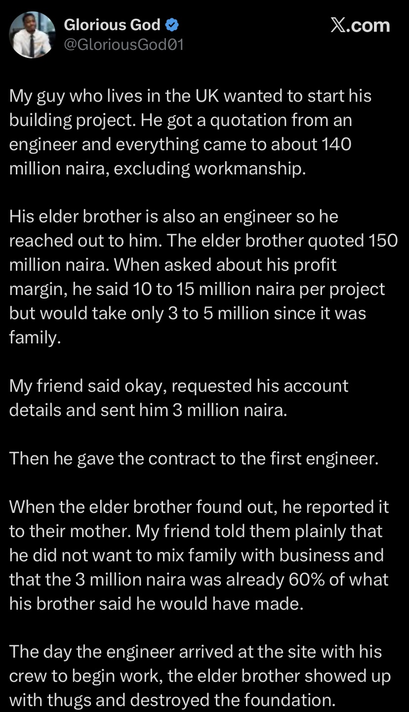 UK man pays elder brother ₦3m, gives ₦140m building contract to another engineer, brother brings thugs to destroy foundation